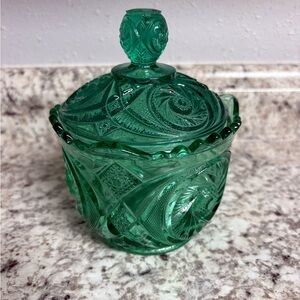 VTG Pressed Glass Lidded Candy Dish Pinwheel Cut Look Seafoam Aqua Green Bowl